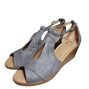 Journee Women Kedzie Gray Open Toe Buckle Ankle Strap Wedge Heels Sandals Sz 9.5